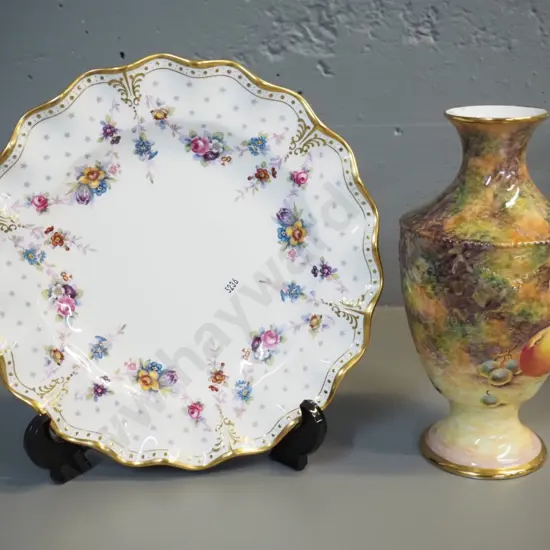 signed New Zealand Hereford fruits pattern vase H225 and a Royal Crown Derby floral cabinet plate