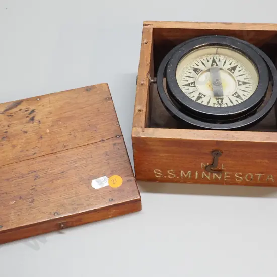 Dirigo / E.M. Sherman Seattle marine compass in wood-cased gimbal mount - marked "No. 1 SS Minnesota" H-100 W-155 D-155