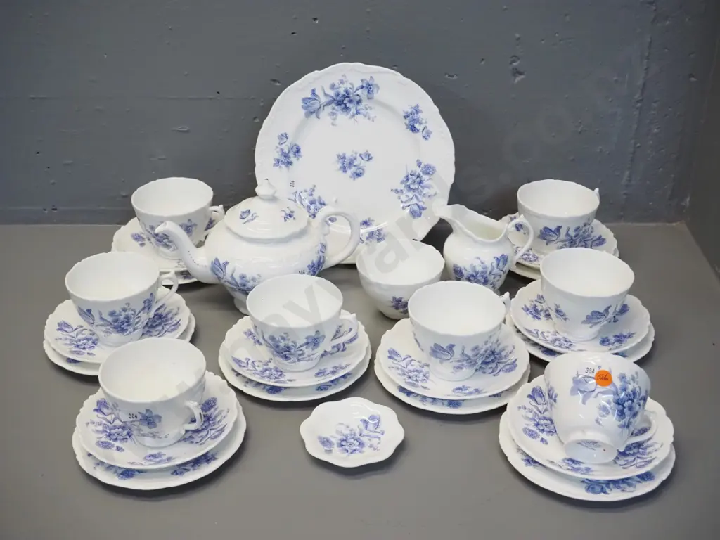 Coalport 'Divinity Blue' tea set - 8 trios, teapot, cake plate, cream & sugar, dish Image 1++