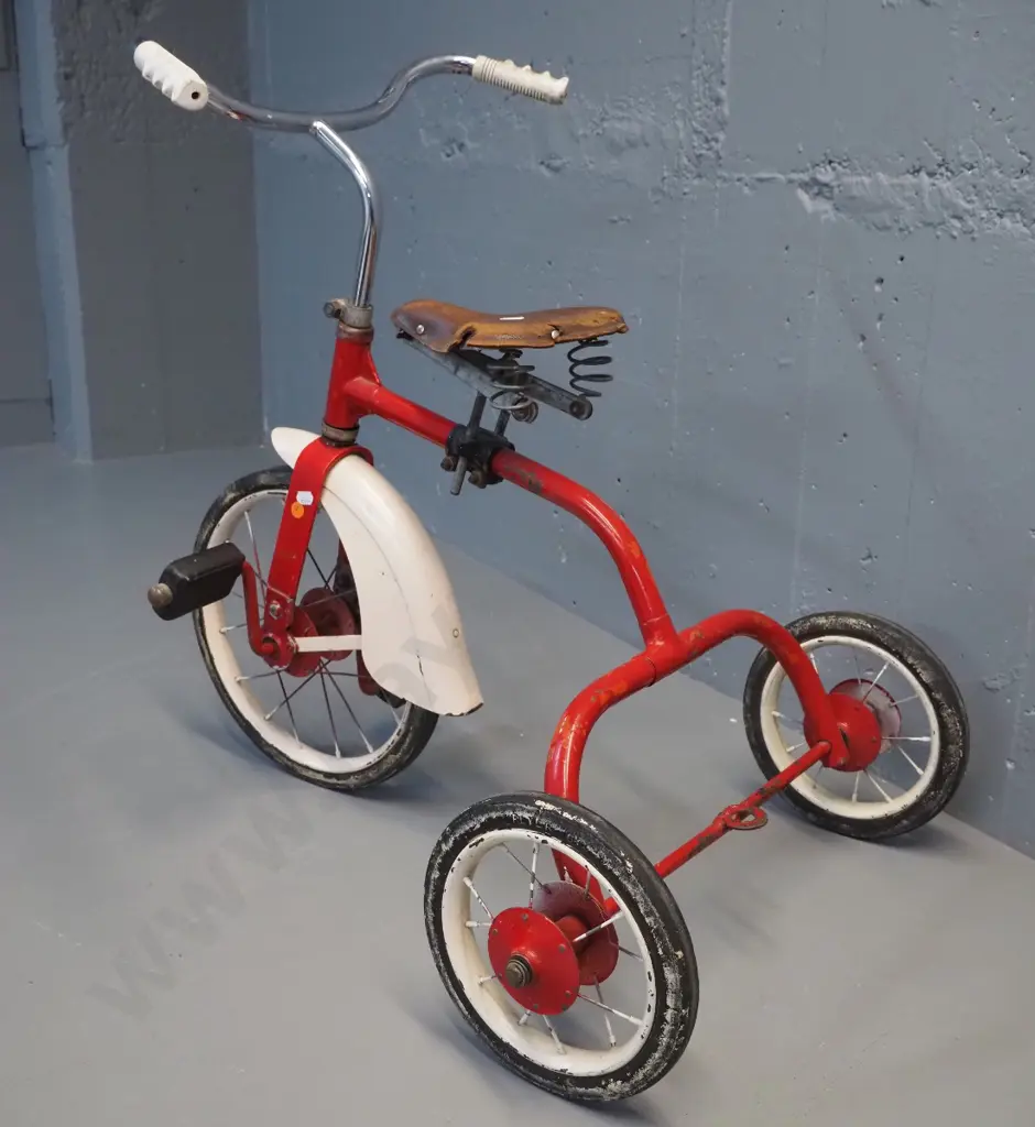 vintage child's trike with sprung leather seat, Flyer markings on pedals, some pitting to chrome H640 L700 W480 Image 1++