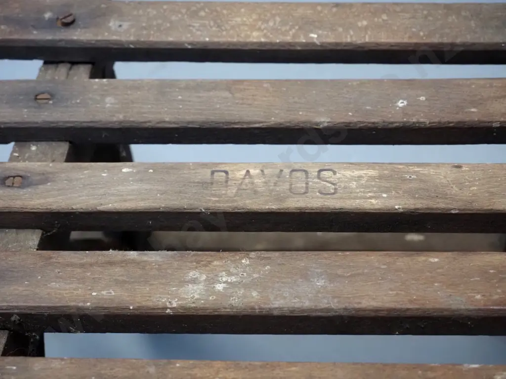 vintage wooden sled - marked 'Davos' - damage to end of one slat, overall wear and surface corrosion H300 L1020 Image 1++