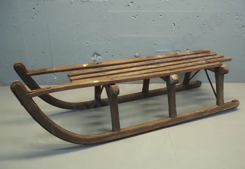 vintage wooden sled - marked 'Davos' - damage to end of one slat, overall wear and surface corrosion H300 L1020 Image 1++