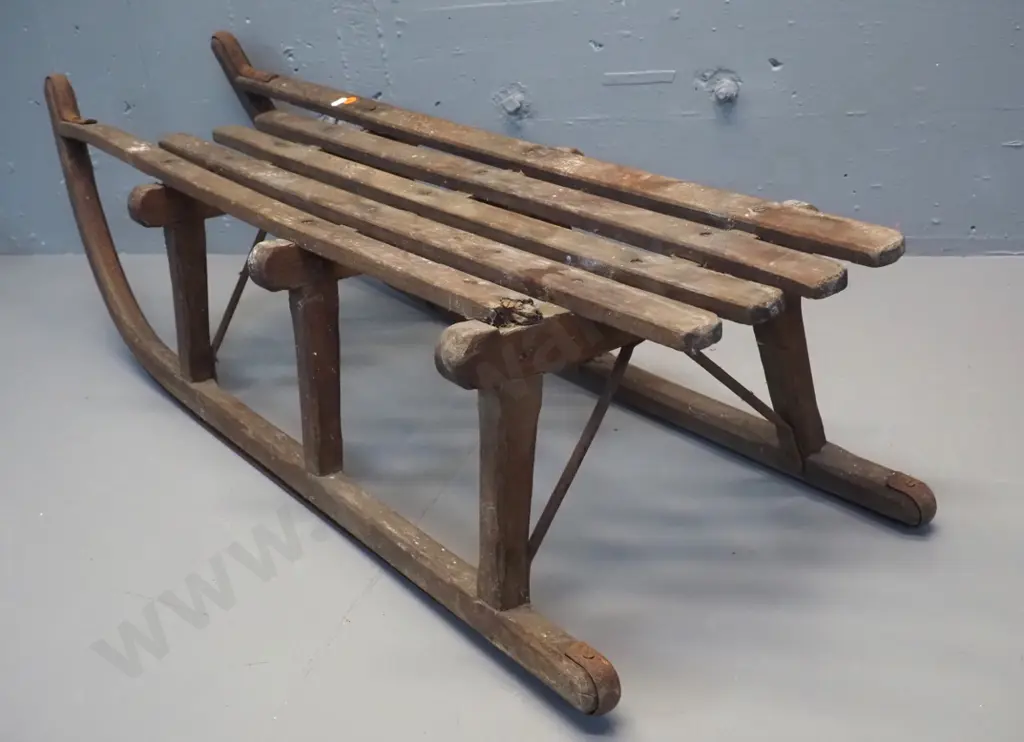 vintage wooden sled - marked 'Davos' - damage to end of one slat, overall wear and surface corrosion H300 L1020 Image 1++
