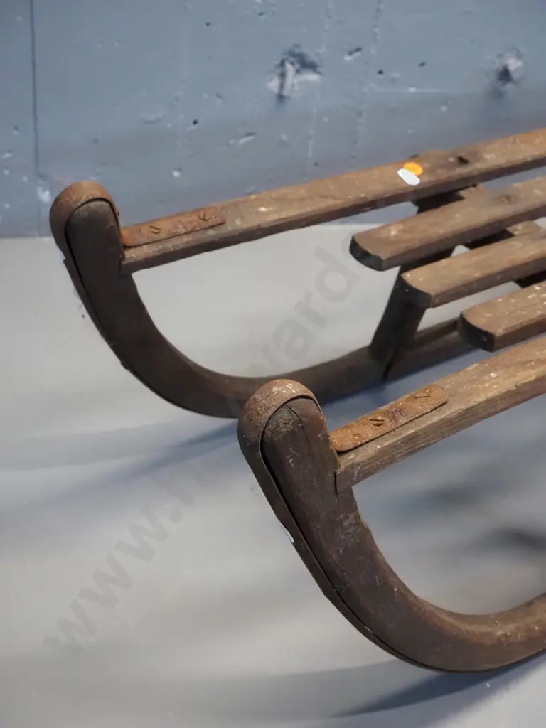 vintage wooden sled - marked 'Davos' - damage to end of one slat, overall wear and surface corrosion H300 L1020 Image 1++