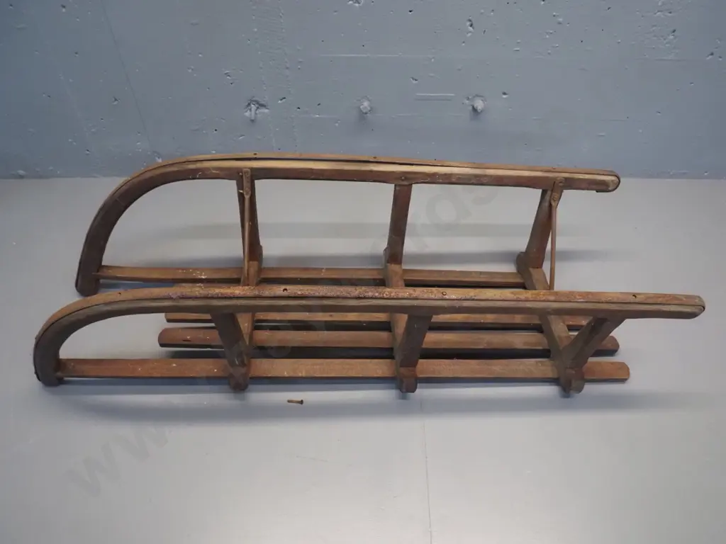 vintage wooden sled - marked 'Davos' - damage to end of one slat, overall wear and surface corrosion H300 L1020 Image 1++