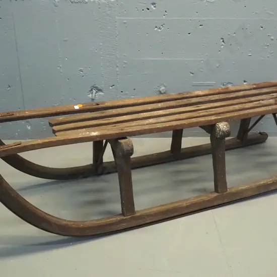 vintage wooden sled - marked 'Davos' - damage to end of one slat, overall wear and surface corrosion H300 L1020