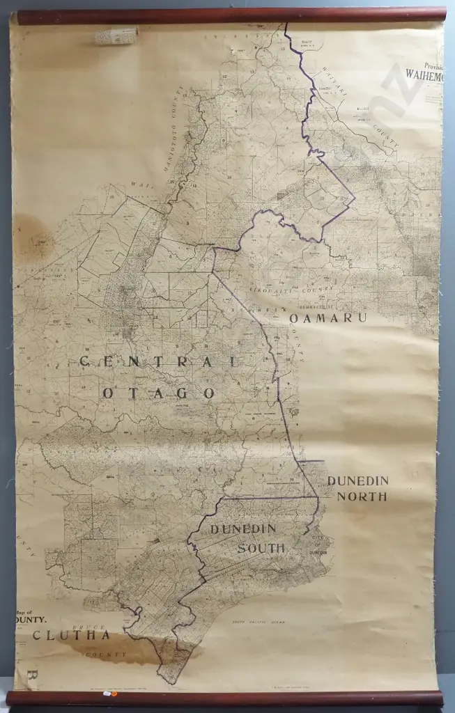 large Dunedin and surrounds wall map on wooden hangers - cut down from larger map H1660 W1020 Image 1++