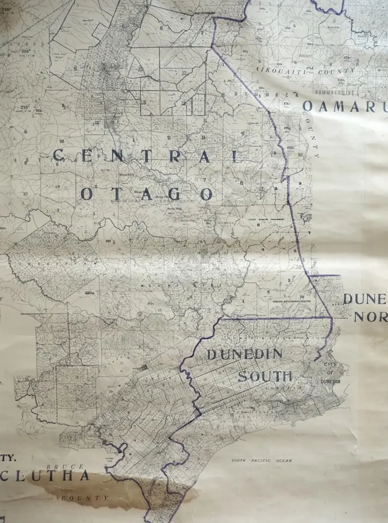 large Dunedin and surrounds wall map on wooden hangers - cut down from larger map H1660 W1020 Image 1++