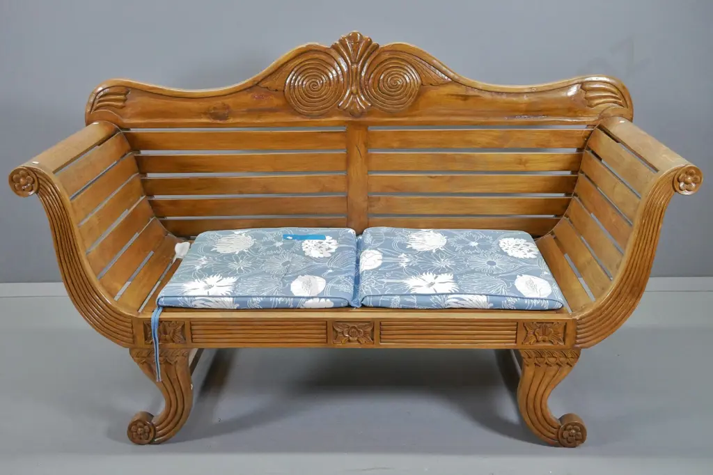 asian  ornately carved teak settee with scroll arms, loose seat cushion H940 W1480 D560 Image 1++