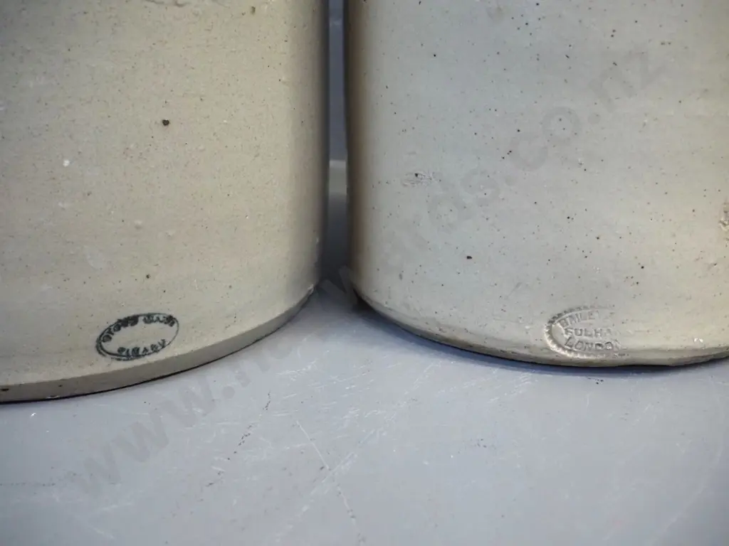2 vintage stoneware crocks - larger narrow mouth Timaru potteries marked NZB Ltd H-470, other marked Bailey & Co, Fulham Image 1++