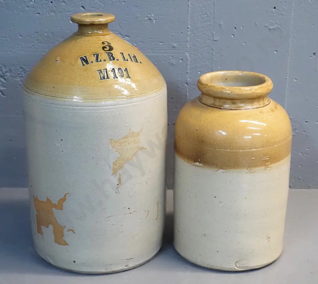 2 vintage stoneware crocks - larger narrow mouth Timaru potteries marked NZB Ltd H-470, other marked Bailey & Co, Fulham Image 1++