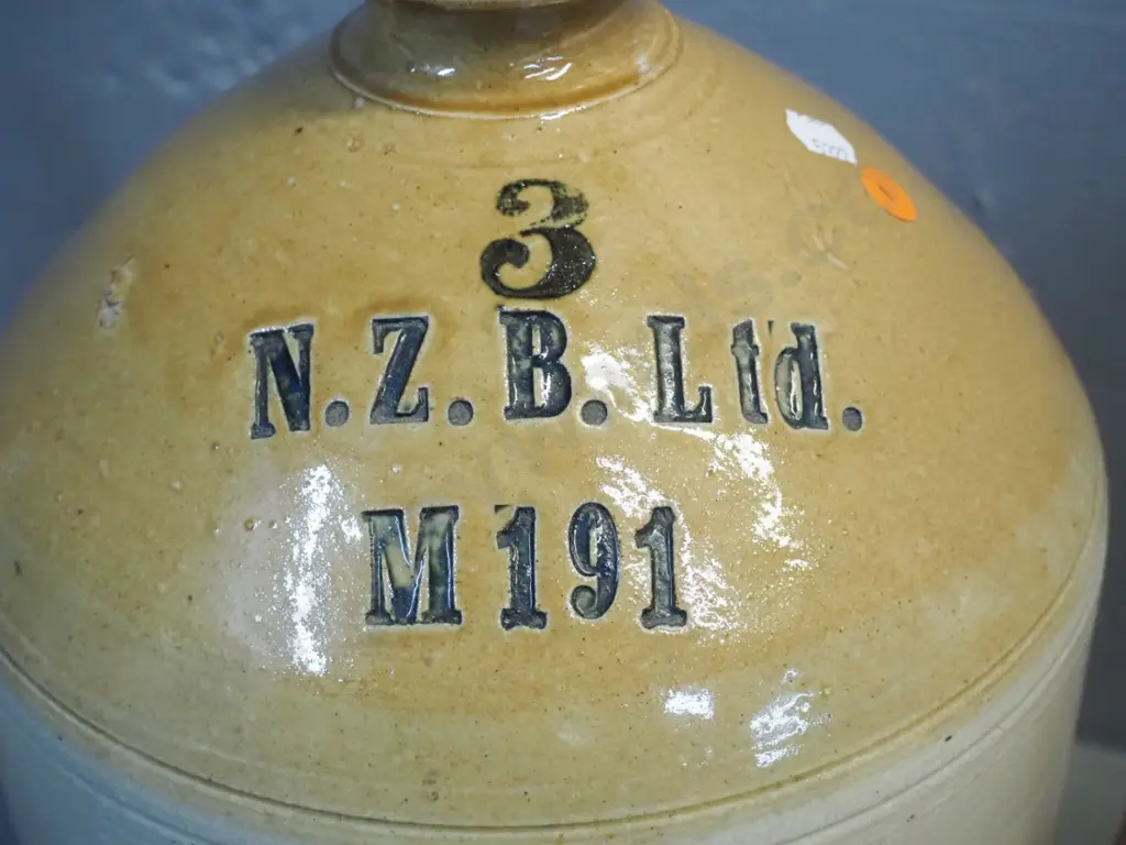 2 vintage stoneware crocks - larger narrow mouth Timaru potteries marked NZB Ltd H-470, other marked Bailey & Co, Fulham Image 1++