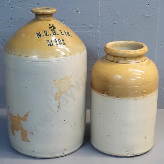 2 vintage stoneware crocks - larger narrow mouth Timaru potteries marked NZB Ltd H-470, other marked Bailey & Co, Fulham