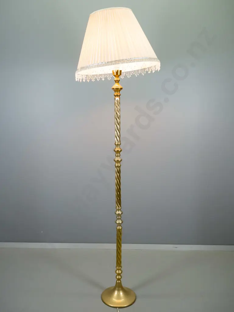 brass twist stem standard lamp with beaded shade - some damage to shade H-1900 Shade D-520 Image 1++