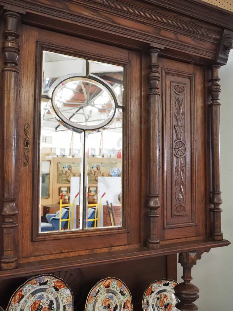 vintage French oak dresser with carved door panels, columns, etc - 2 door, 2 drawer base, 3 doors in top, one with Image 1++