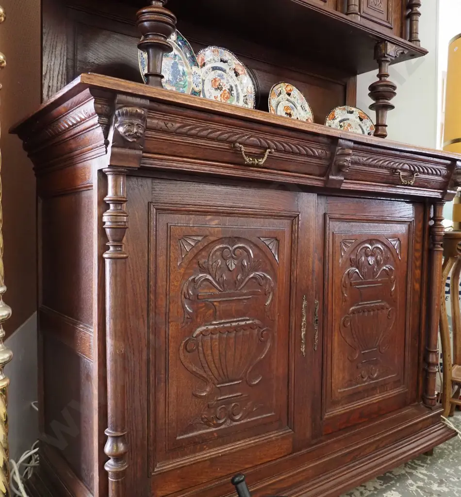 vintage French oak dresser with carved door panels, columns, etc - 2 door, 2 drawer base, 3 doors in top, one with Image 1++