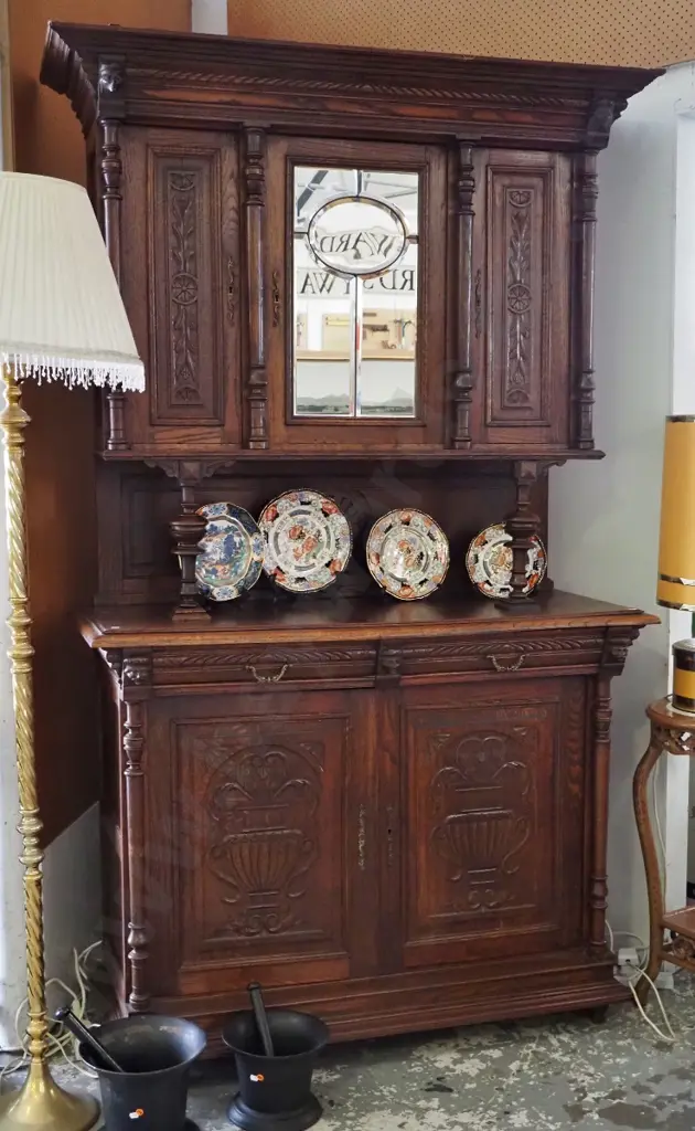 vintage French oak dresser with carved door panels, columns, etc - 2 door, 2 drawer base, 3 doors in top, one with Image 1++