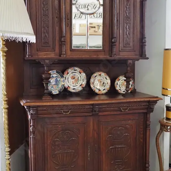 vintage French oak dresser with carved door panels, columns, etc - 2 door, 2 drawer base, 3 doors in top, one with
