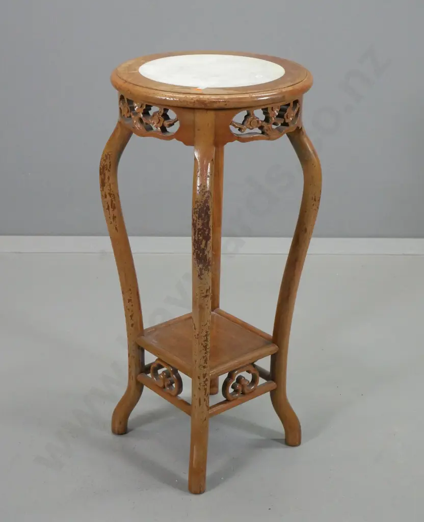 asian teak plant or display stand with circular marble inset top, carved rails, polish needs attention H760 Diameter 355 Image 1++