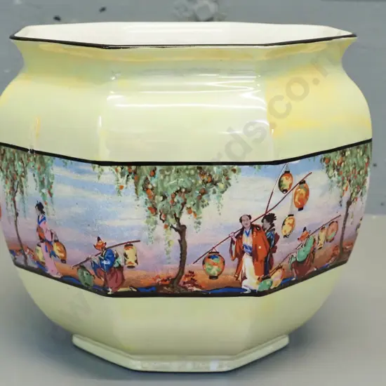 "L & Sons" yellow lustre jardiniere with asian motif band H-210 D-220