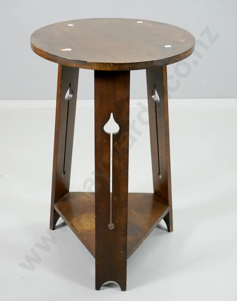 vintage deco style mahogany round occasional table with triangular lower shelf, 3 legs w/keyhole motif H745 D480 Image 1++