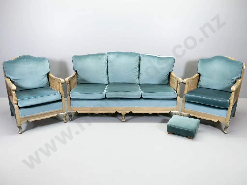 3 piece mahogany & bergere cane lounge suite plus foot-stool, in blue velvet fabric. Polish faded. H880 W1650 D820 Image 1++