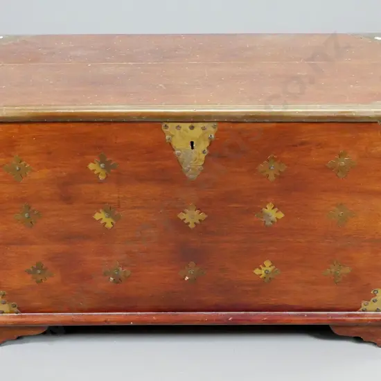 vintage lift top storage chest with brass binding and handles, internal compartment, no key, split in top H580 W1000 490