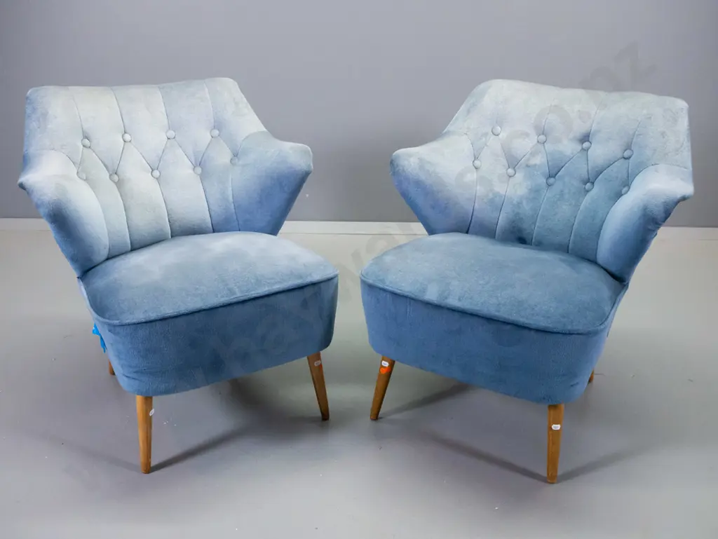 pair of mid-century button-back light blue velvet upholstered tub chairs on tapered timber legs H690 W650 D600 Image 1++