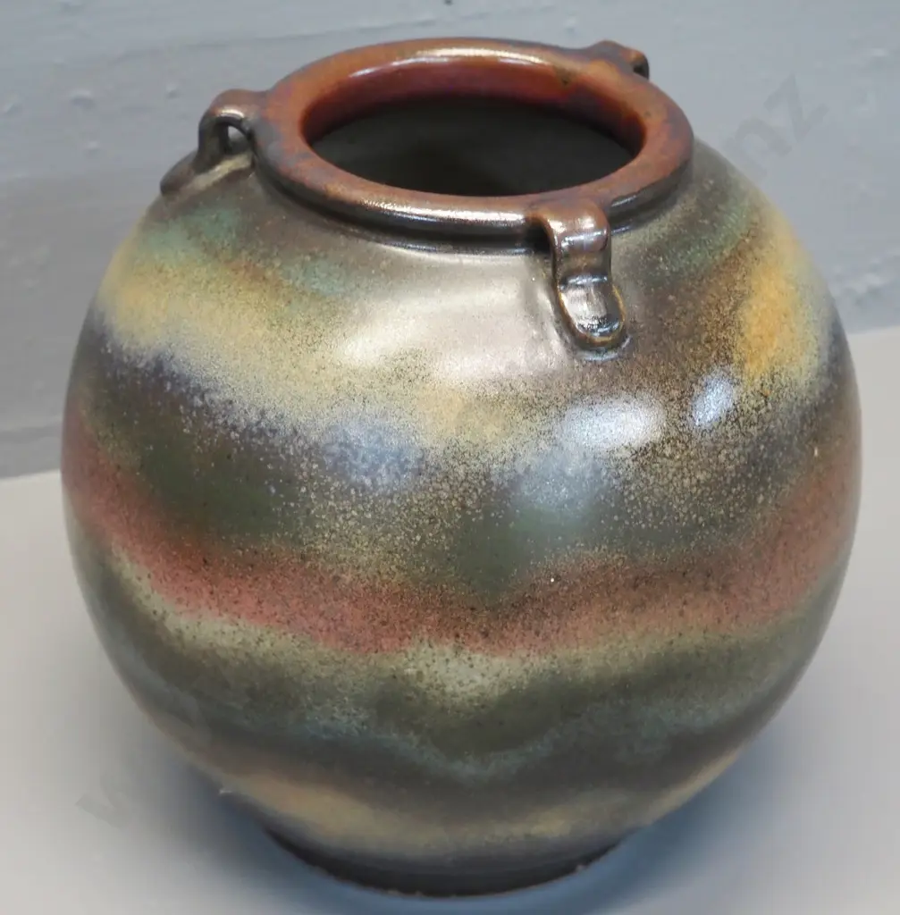 NZ studio pottery large ball shaped vase H250 D250 - "Nelson hands made me" label Image 1++