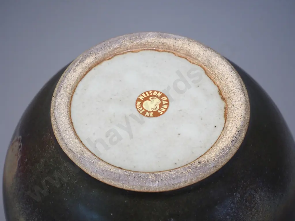 NZ studio pottery large ball shaped vase H250 D250 - "Nelson hands made me" label Image 1++