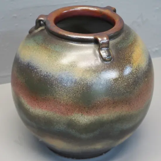 NZ studio pottery large ball shaped vase H250 D250 - "Nelson hands made me" label