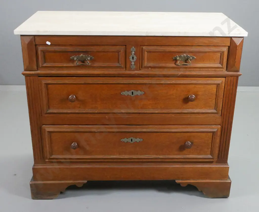 vintage French oak marble top 4 drawer chest - key escutcheons, no key H880 W1050 D480 Image 1++