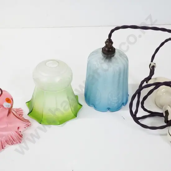 vintage ceramic rise & fall light fitting with frilled blue glass shade and 2 other small frilled glass ahdes