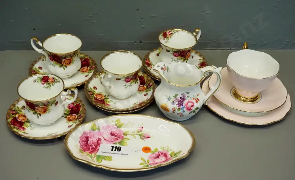 4 Royal Albert Old Country Roses coffee cups & saucers, Painter's Rose trio, American Beauty dish, and Derby Posies jug Image 1++