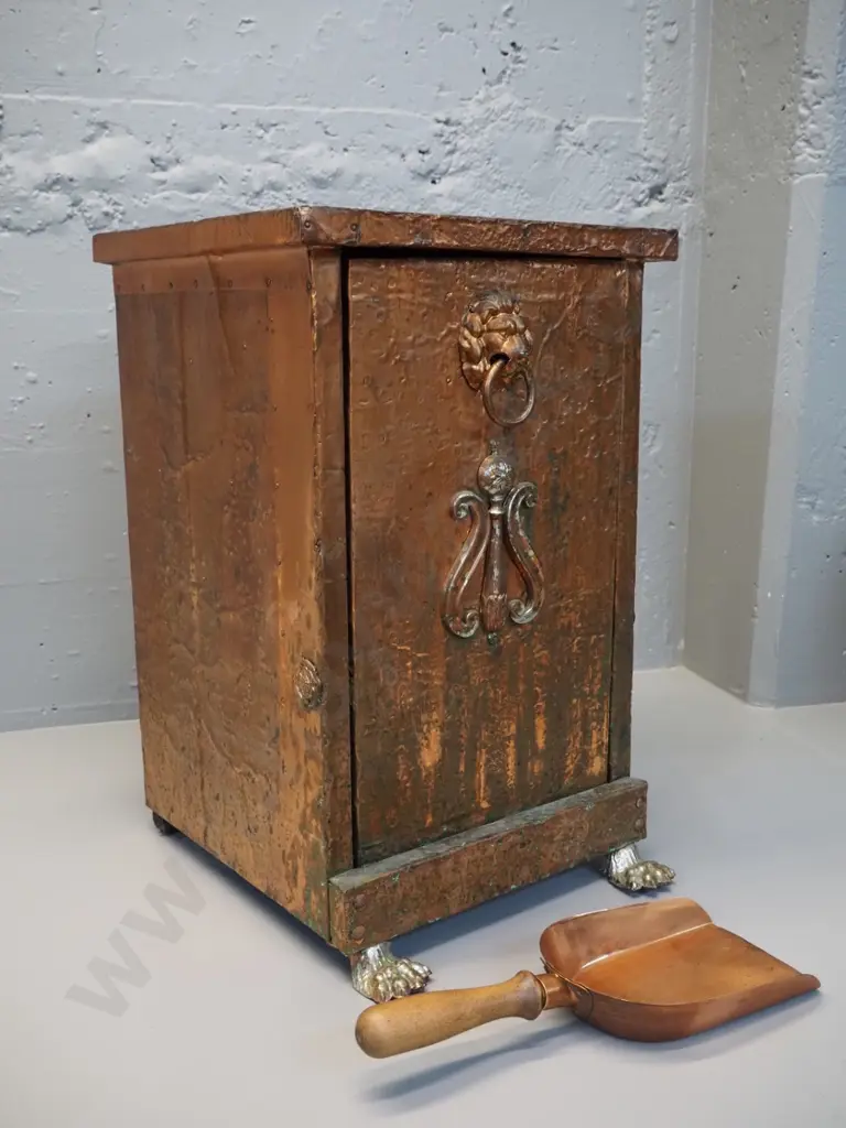 beaten copper covered coal bin with tilting inner, wood-handled copper shovel H500 W300 D320 Image 1++