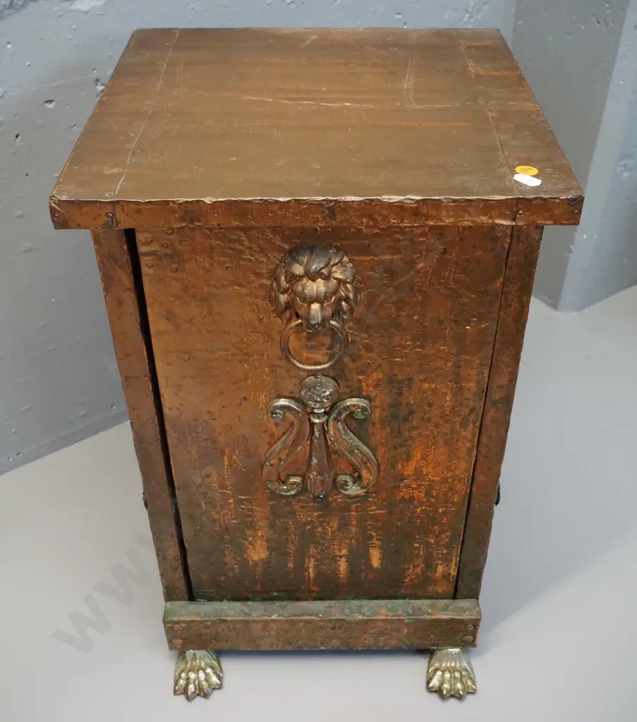 beaten copper covered coal bin with tilting inner, wood-handled copper shovel H500 W300 D320 Image 1++