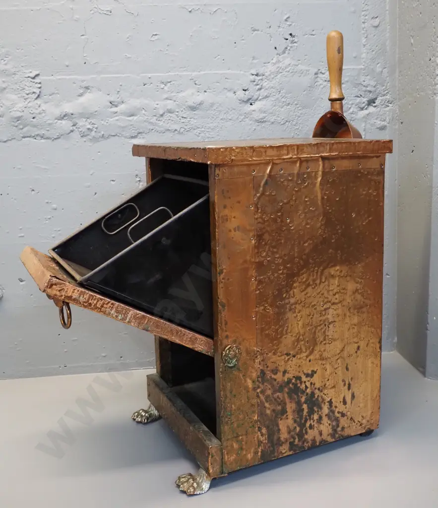 beaten copper covered coal bin with tilting inner, wood-handled copper shovel H500 W300 D320 Image 1++