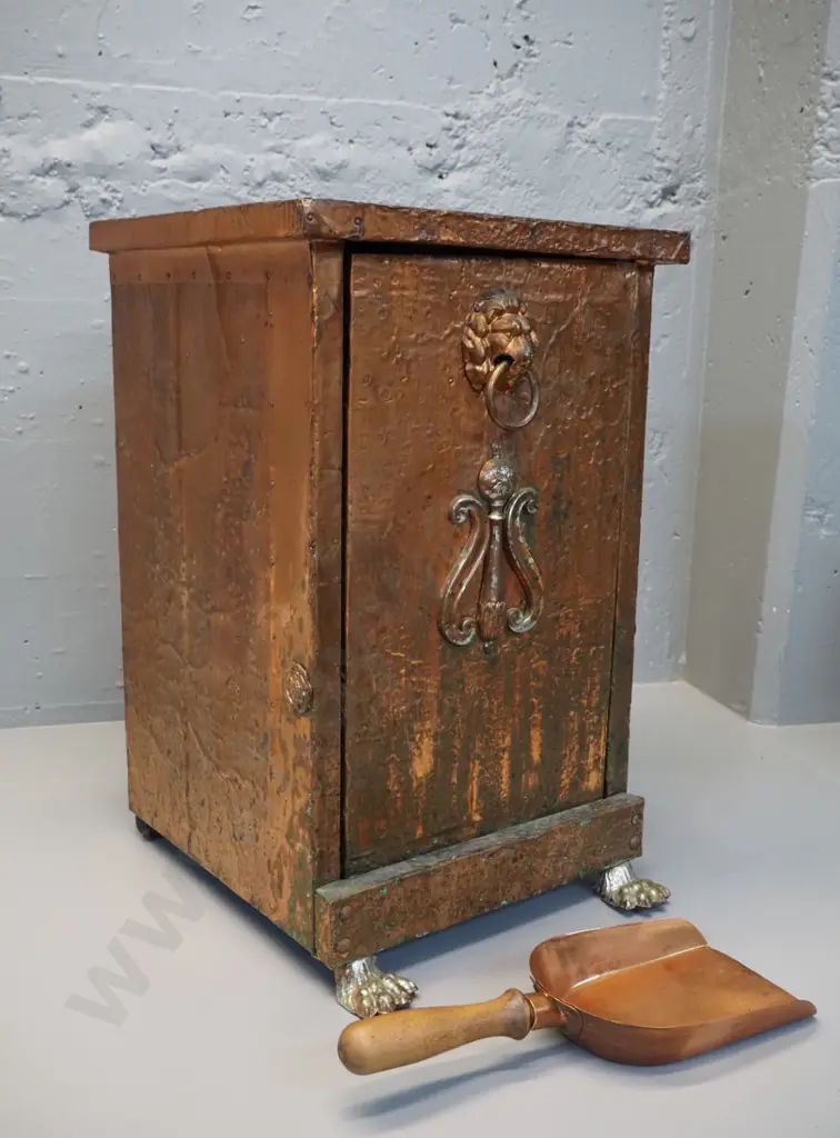 beaten copper covered coal bin with tilting inner, wood-handled copper shovel H500 W300 D320 Image 1++