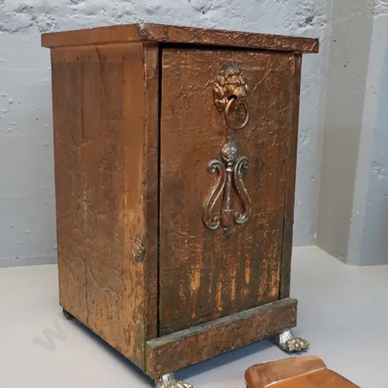 beaten copper covered coal bin with tilting inner, wood-handled copper shovel H500 W300 D320
