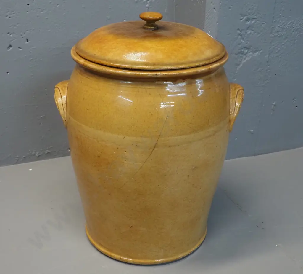 large Doulton Lambeth handled salt-glazed lidded storage jar - crack below rim H450 D-360 Image 1++