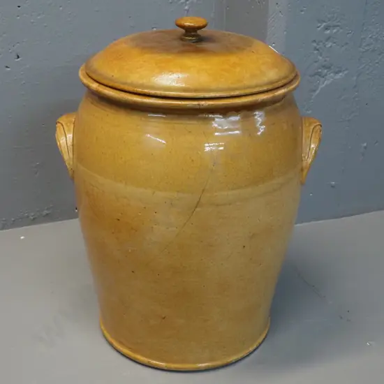 large Doulton Lambeth handled salt-glazed lidded storage jar - crack below rim H450 D-360
