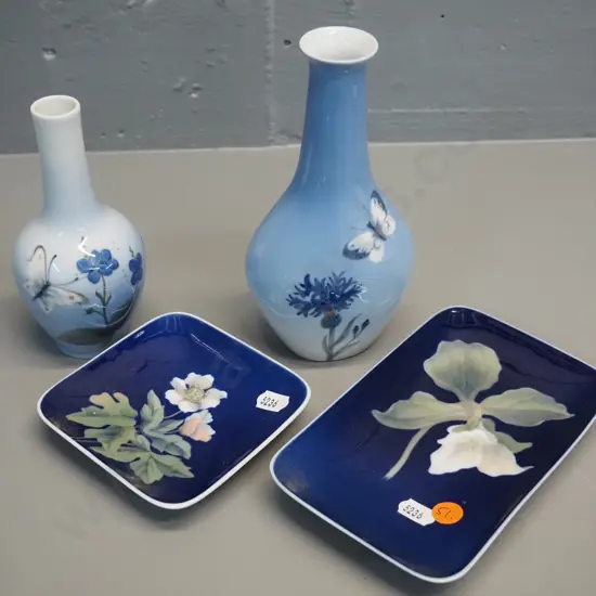 4 Royal Copenhagen items - 2 dishes - anemone and orchid - and 2 butterfly motif vases, taller is H-180