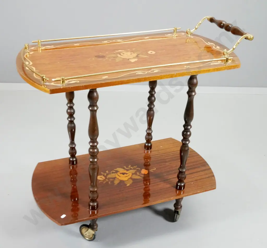 Sorrento style 2-tier tea wagon with marquetry inlay, gallery top - wobbles, casters are uneven H765 L770 W410 Image 1++