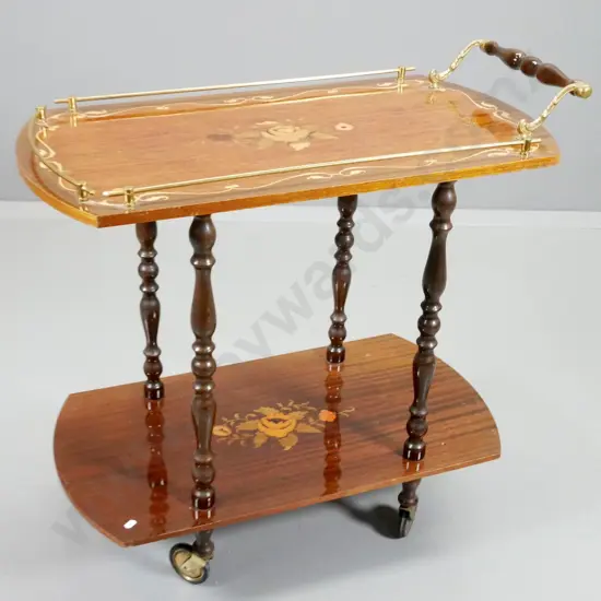 Sorrento style 2-tier tea wagon with marquetry inlay, gallery top - wobbles, casters are uneven H765 L770 W410