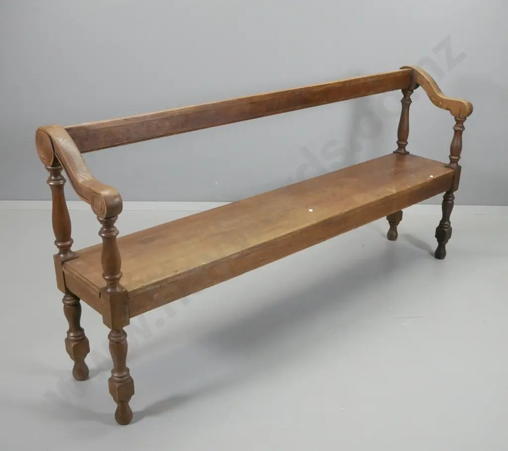 vintage oak bench seat or church pew with turned posts, carved scroll ends - wear & minor splits H820 W1670 D230 Image 1++