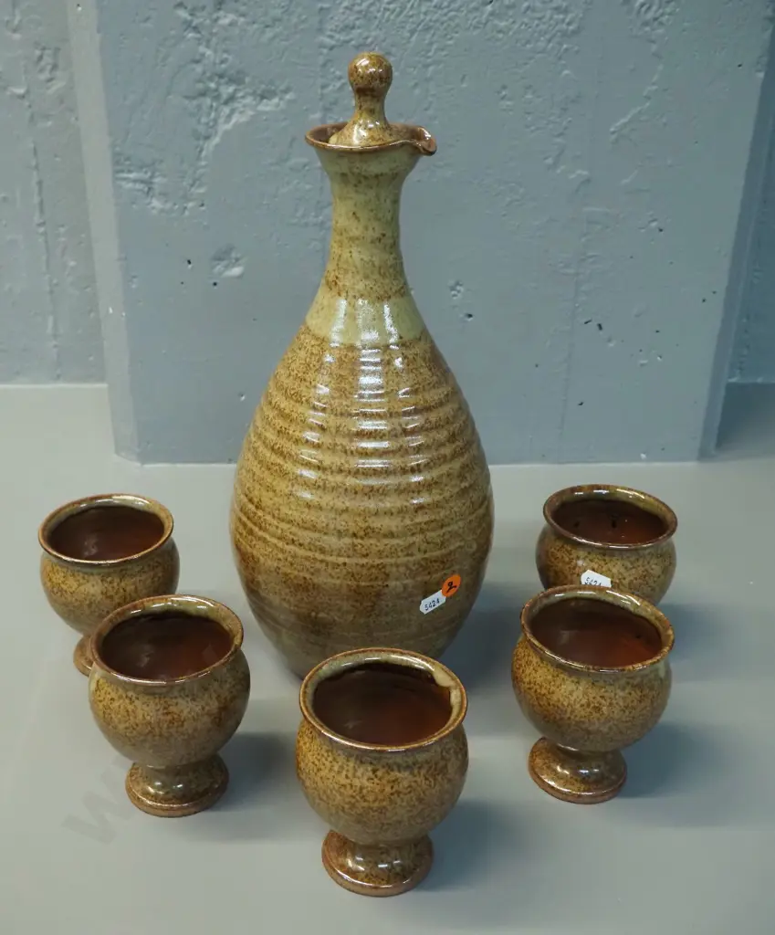studio pottery wine set with stoppered flask and 5 squat-stemmed cups - unknown mark H-380 Image 1++