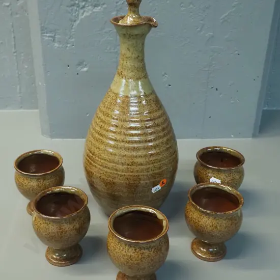studio pottery wine set with stoppered flask and 5 squat-stemmed cups - unknown mark H-380