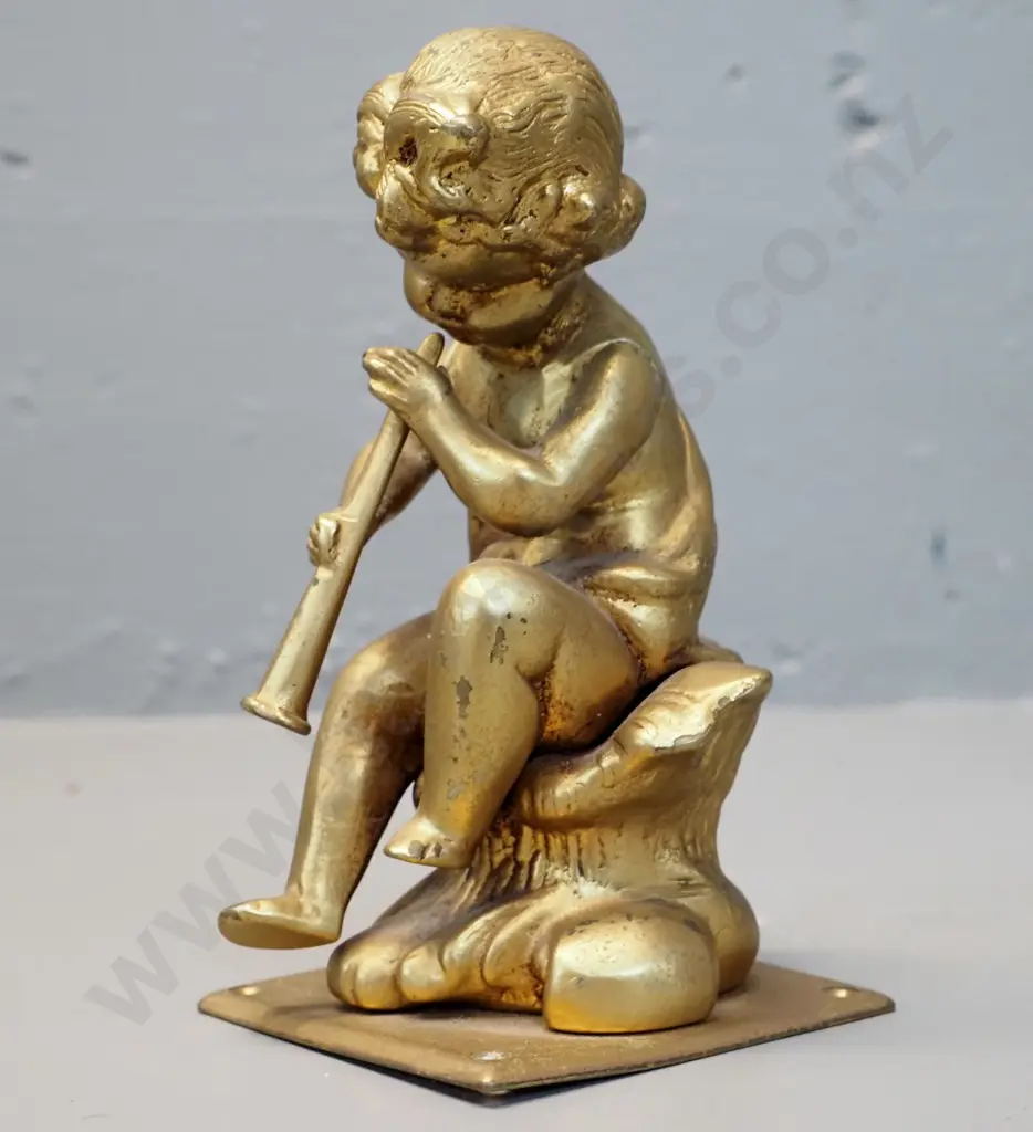 heavy cast brass gilded finish cherub with trumpet - on plate with mounting holes H-165 Image 1++