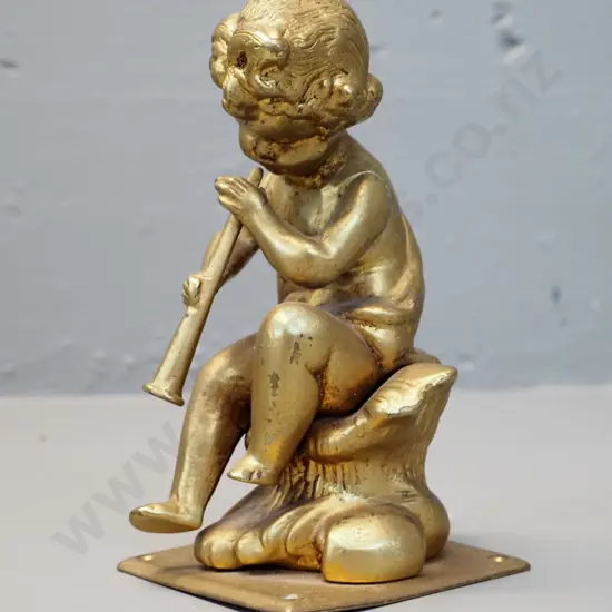 heavy cast brass gilded finish cherub with trumpet - on plate with mounting holes H-165