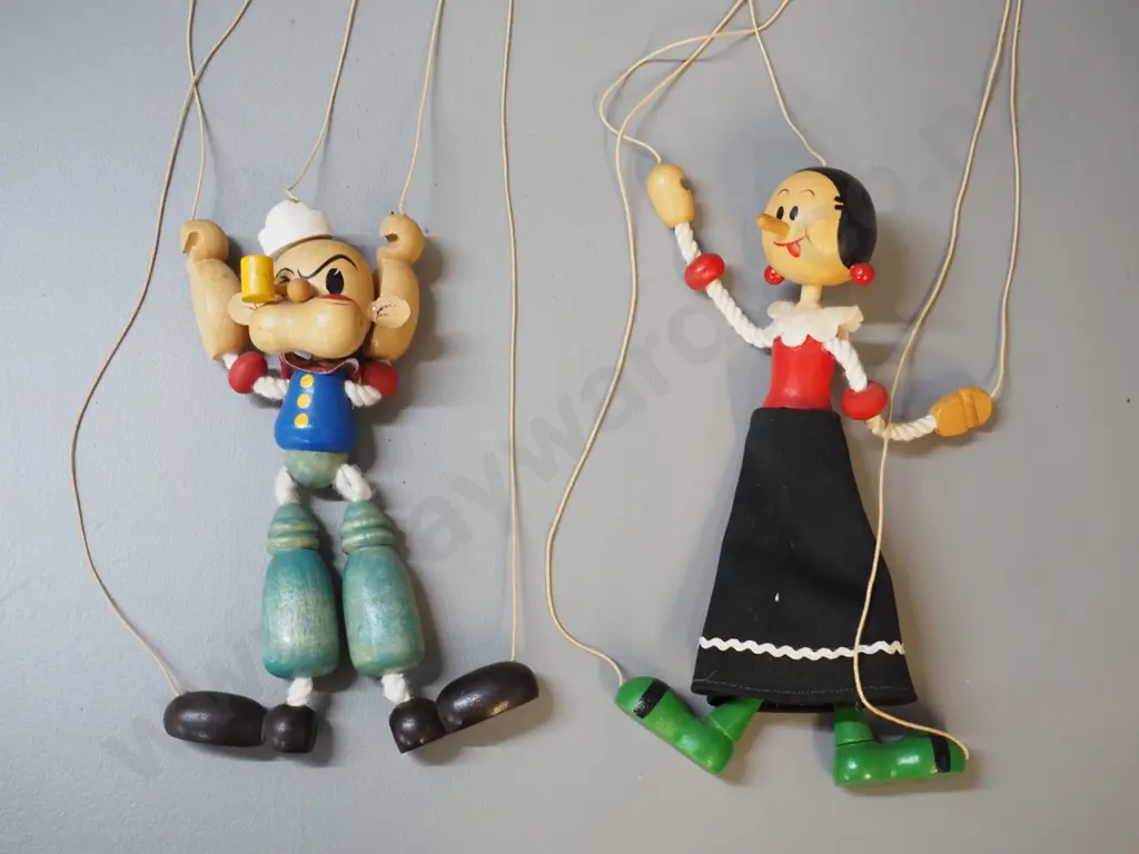 2 vintage wooden marionette puppets - Popeye and Olive Oyl - each approx H-220 Image 1++